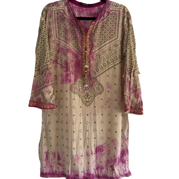 KHAADI Boho Embroidered Tunic Top Size 10 Pink Tie Dye Kurta Blouse - Picture 2 of 11